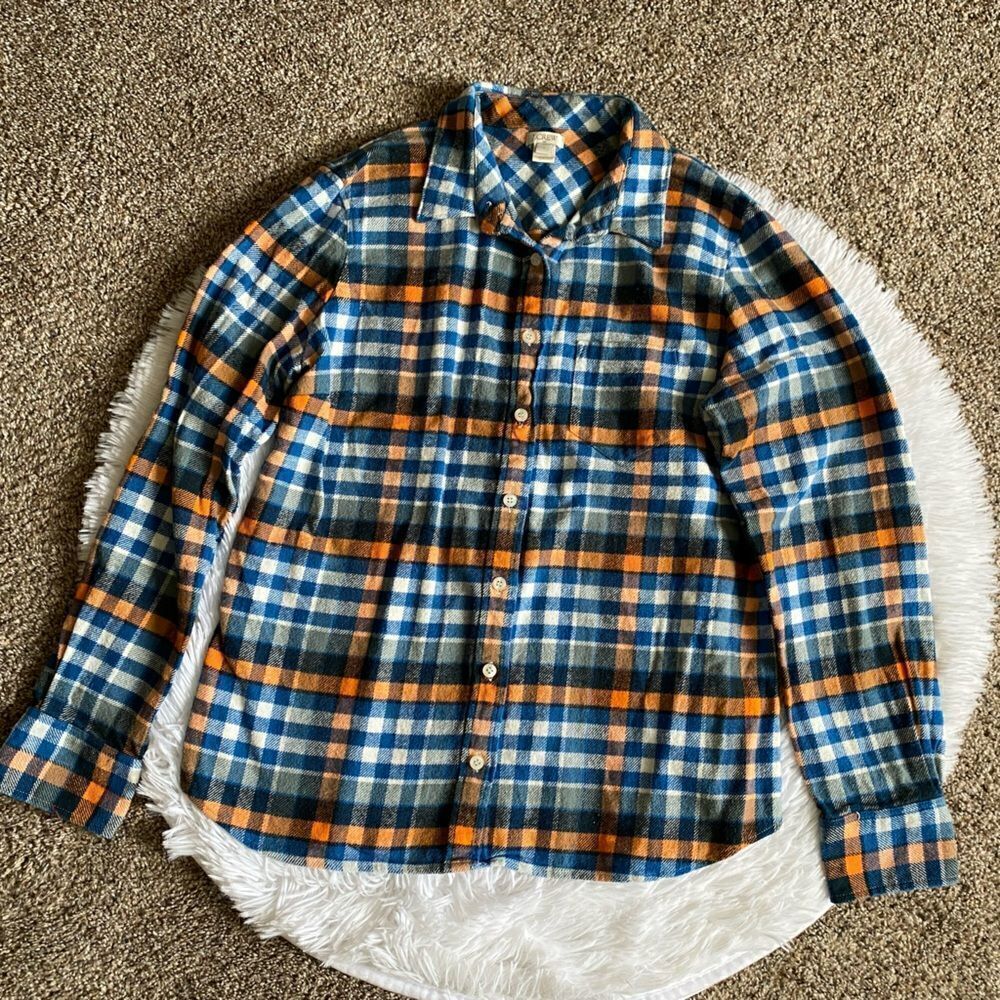 J. Crew Button Down Plaid‎ Flannel Shirt Blue Orange Womens Size Large